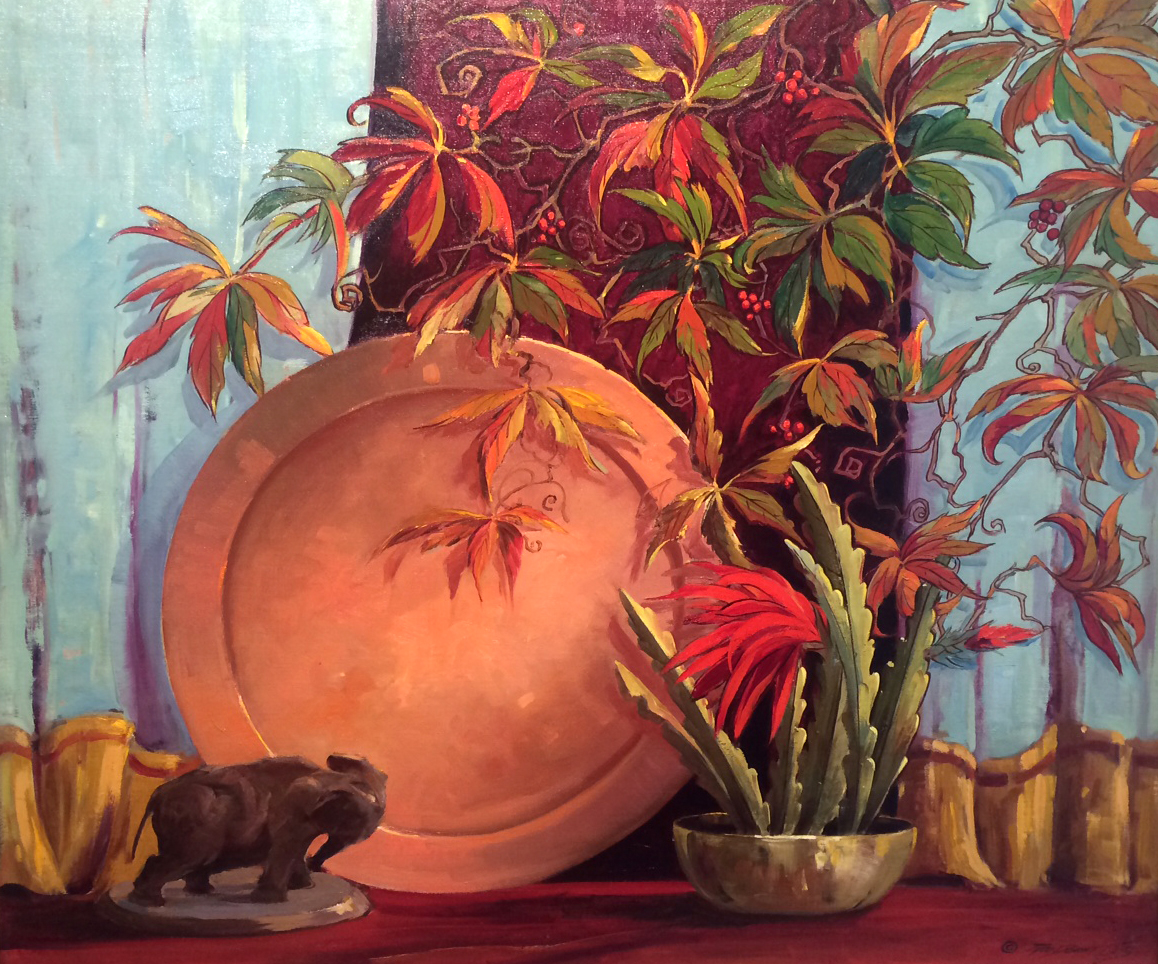 GEORGE DEMONT OTIS - "COPPER ELEPHANT AND LEAVES" - Oil on Canvas - 30 1/8" x 35 7/8"