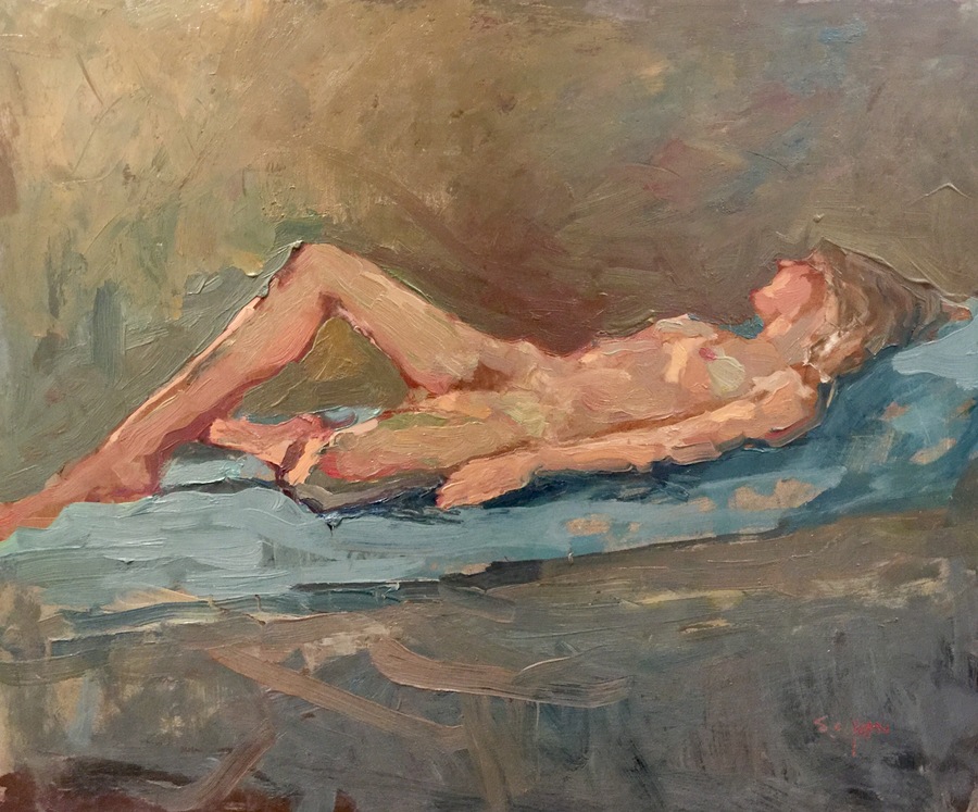 S.C. YUAN - "Reclining Nude" - Oil on Board - 20" x 24"