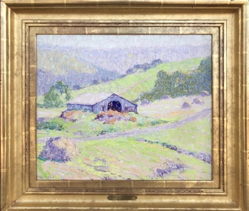 WILLIAM HENRY CLAPP - "Barn and Haystacks" - Oil on Board - 15" x 18"