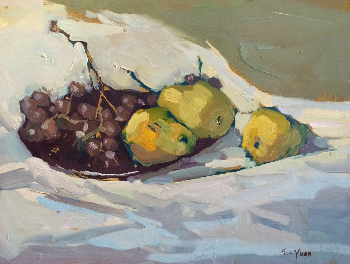 S.C. YUAN - Pears and Grapes - Oil on Board - 14" x 18"