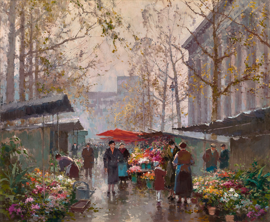 EDOUARD CORTES - "Marche aux fluers, Place de La Madeleine" - Oil - 15" x 18"