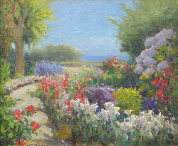 WILLIAM CONSTABLE ADAM - Pacific Grove Garden - Oil on Board - 10" x 11"