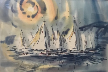 EDWARD NORTON WARD - "Monterey Yacht Club at Sunset" - Watercolor - 20" x 30"